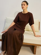 Dolman Sleeve Knit Bodice Pleated Midi Dress