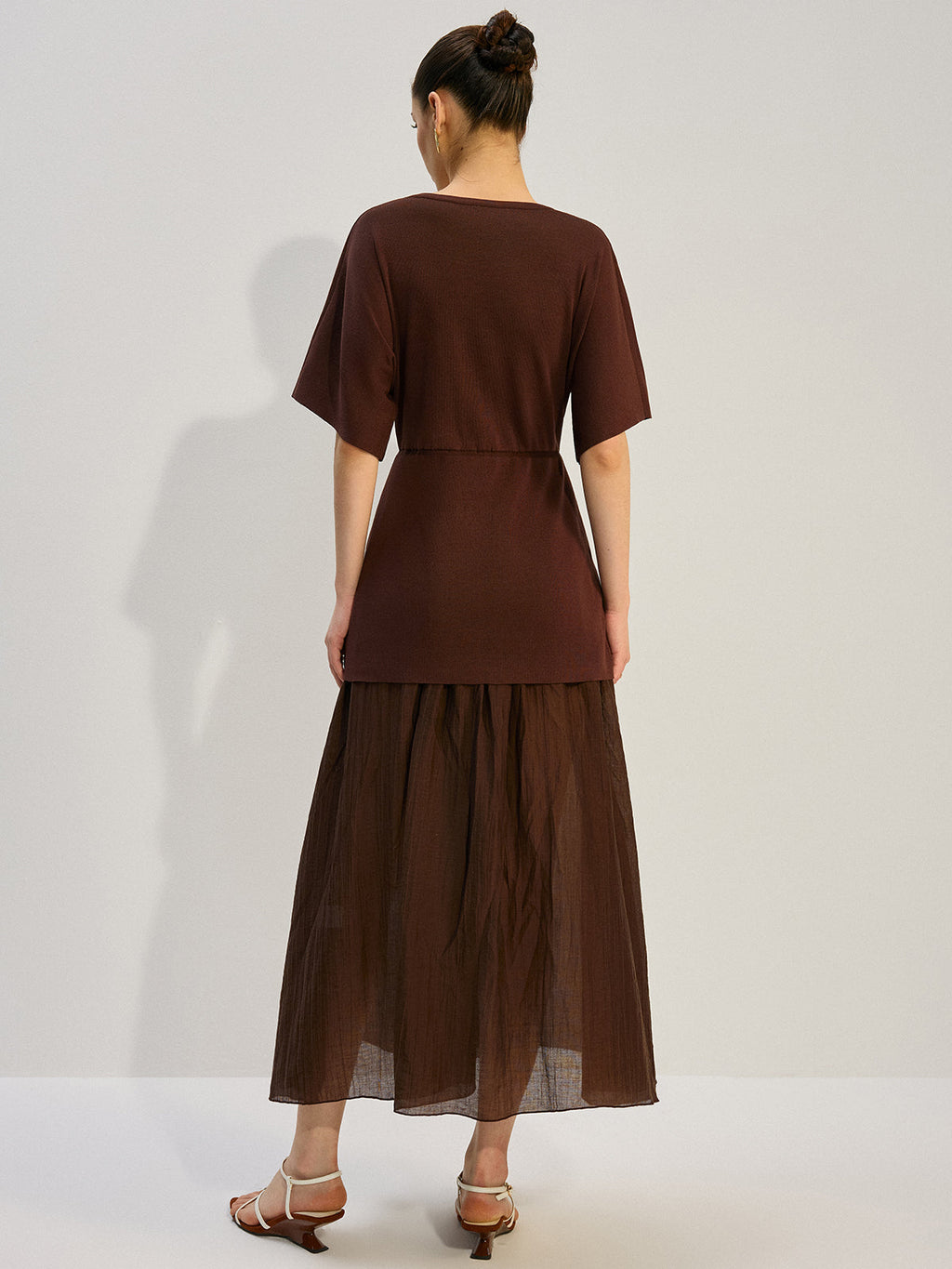 Dolman Sleeve Knit Bodice Pleated Midi Dress