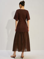 Dolman Sleeve Knit Bodice Pleated Midi Dress