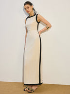 Sleeveless Boat Neck Contrast Piped Column Maxi Dress