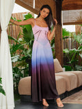 Gradient Print Satin Spaghetti Strap Scoop Neck Geometric Seam Maxi Dress