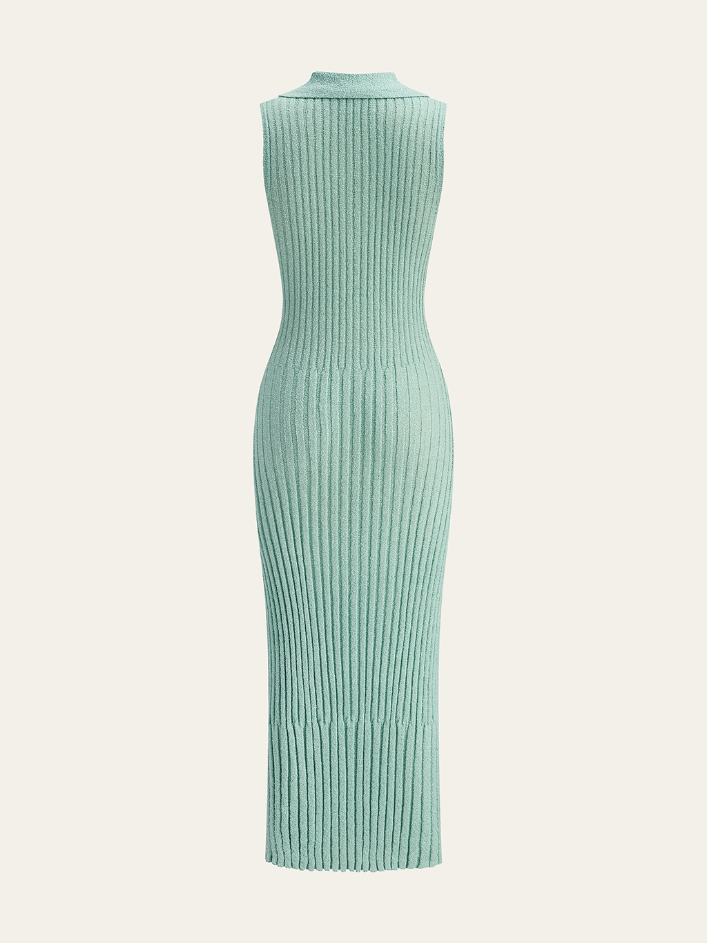 Ribbed Knit Polo Collar Deep V-Neck Sleeveless Bodycon Midi Dress