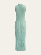 Ribbed Knit Polo Collar Deep V-Neck Sleeveless Bodycon Midi Dress