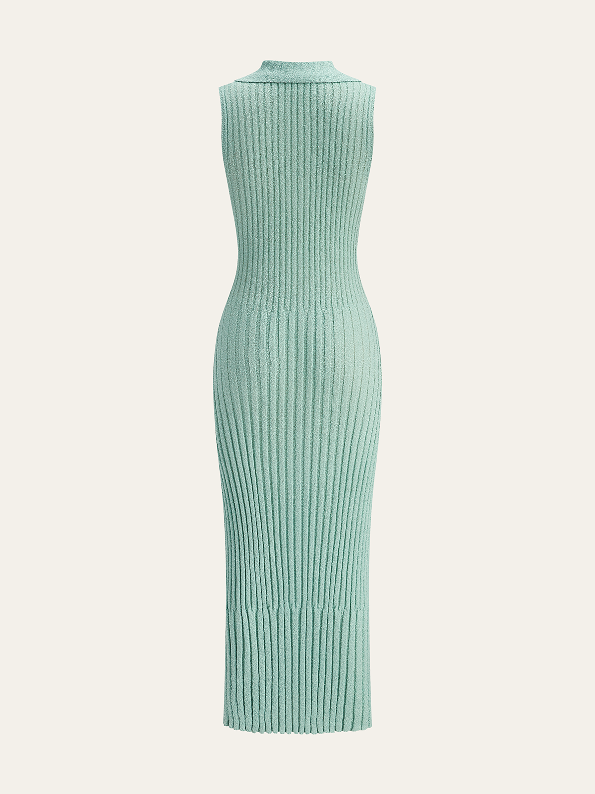 Ribbed Knit Polo Collar Deep V-Neck Sleeveless Bodycon Midi Dress