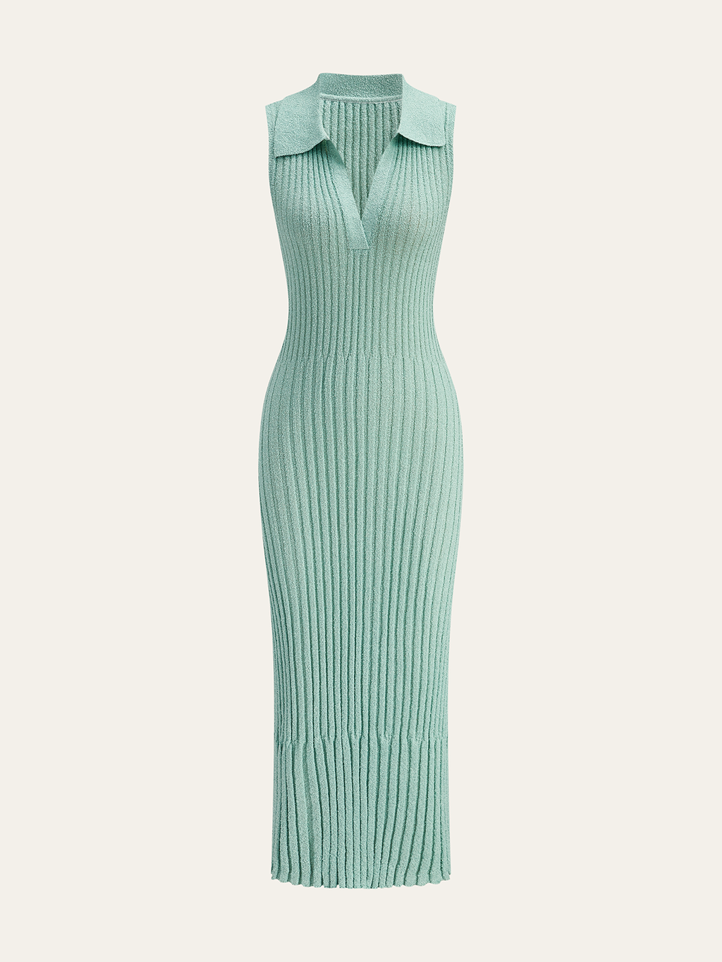 Ribbed Knit Polo Collar Deep V-Neck Sleeveless Bodycon Midi Dress