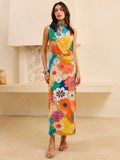 Mock Neck Sleeveless Oversized Floral Print Column Maxi Dress