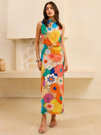 Mock Neck Sleeveless Oversized Floral Print Column Maxi Dress