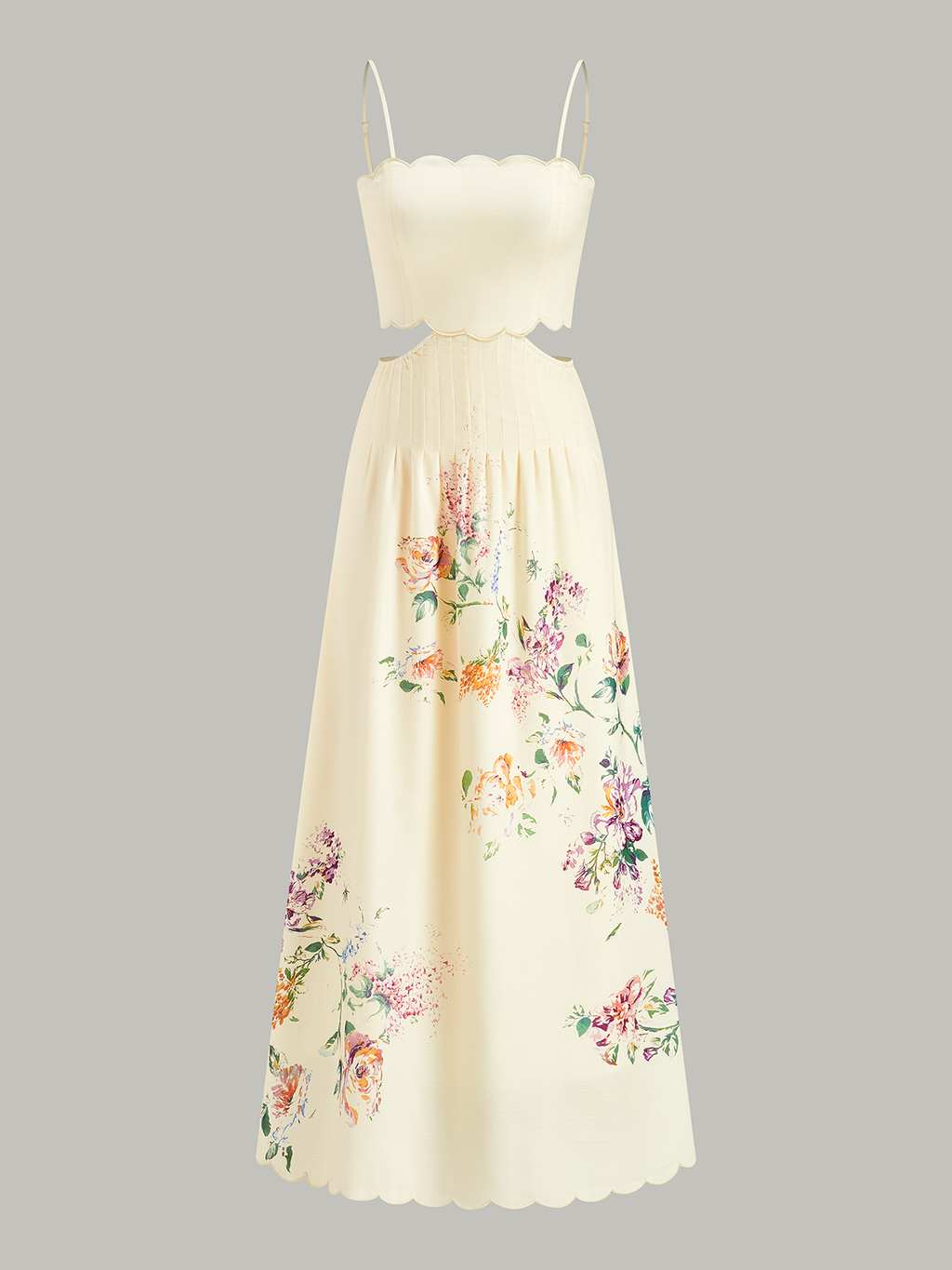 Spaghetti Strap Scallop Trim Side Cutout Smocked Waist Floral Maxi Dress
