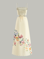 Spaghetti Strap Scallop Trim Side Cutout Smocked Waist Floral Maxi Dress