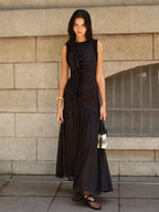 Black Ruffled Detail Ruched-front Maxi Dress
