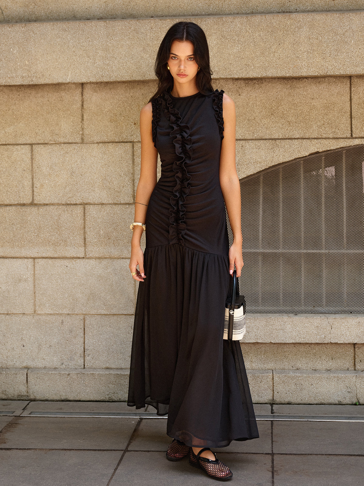 Black Ruffled Detail Ruched-front Maxi Dress