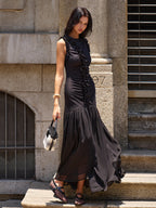 Black Ruffled Detail Ruched-front Maxi Dress
