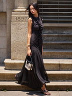 Black Ruffled Detail Ruched-front Maxi Dress