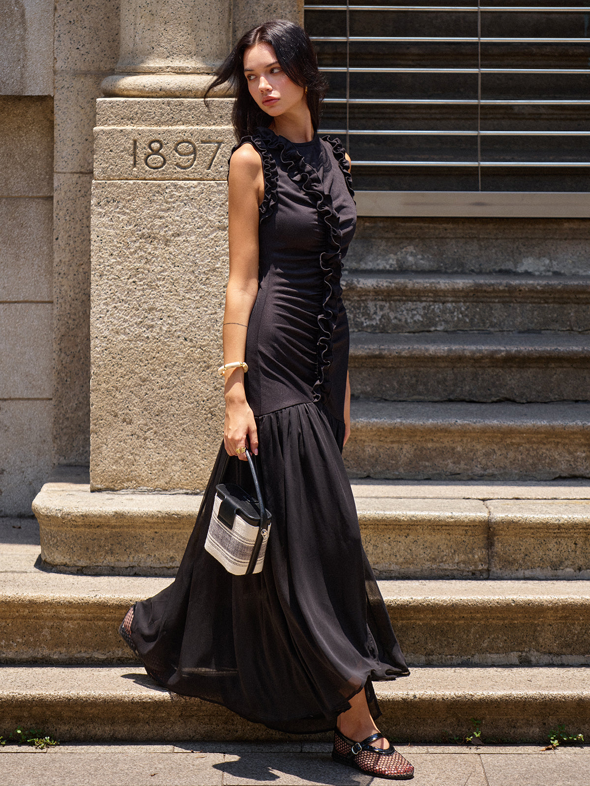 Black Ruffled Detail Ruched-front Maxi Dress