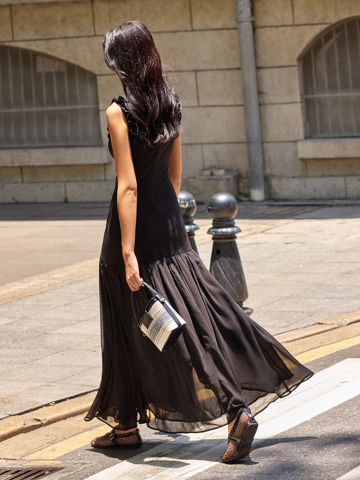 Black Ruffled Detail Ruched-front Maxi Dress