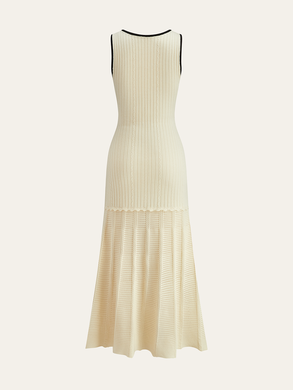 Rib Knit Scoop Neck Contrast Trim Pocket Pointelle Skirt Midi Dress