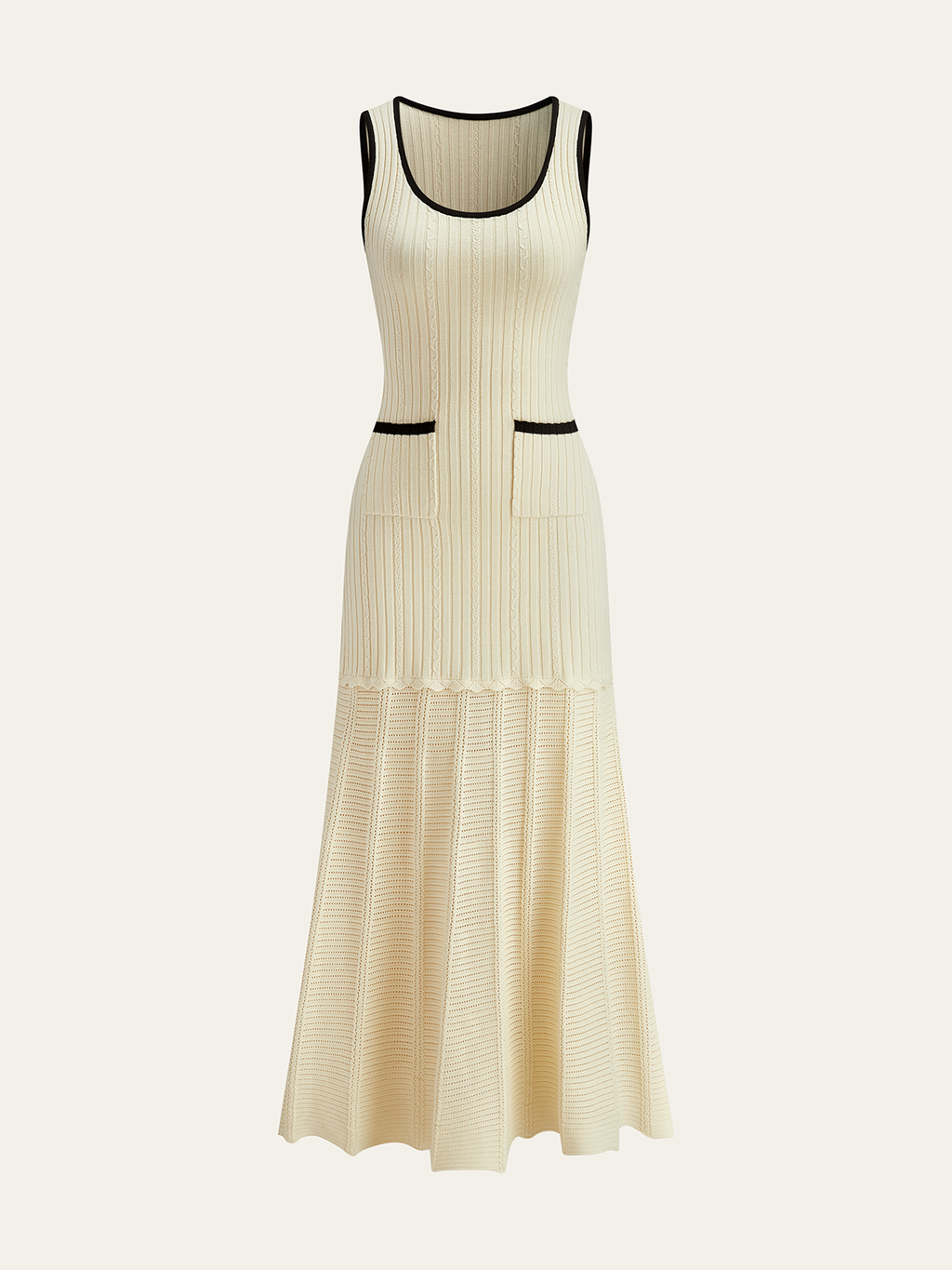 Rib Knit Scoop Neck Contrast Trim Pocket Pointelle Skirt Midi Dress