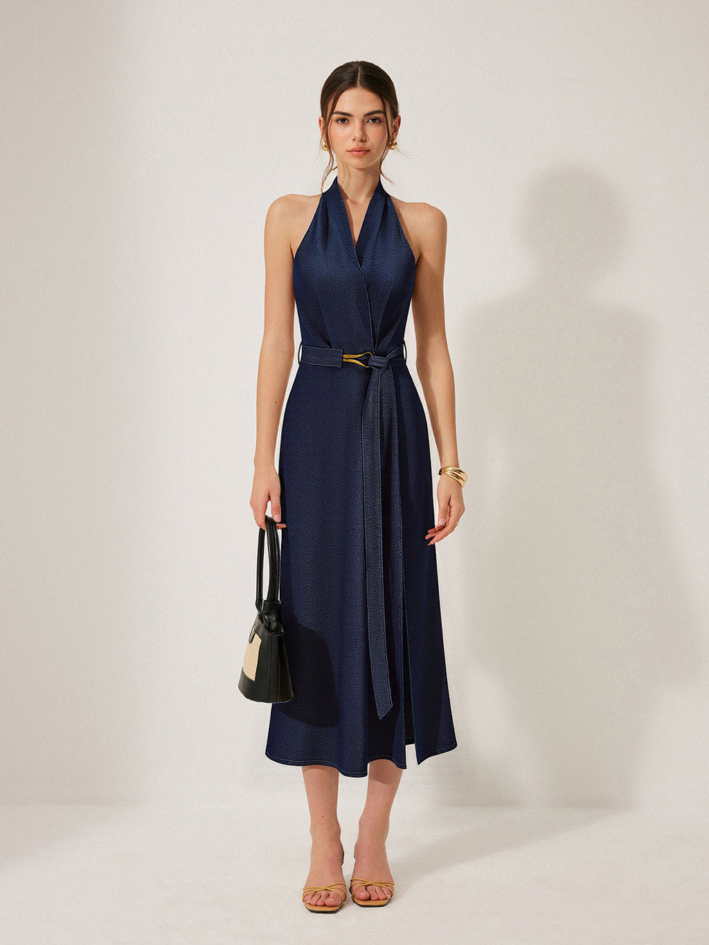 Navy Denim Belted Halter Neck Midi Dress