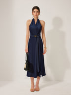 Navy Denim Belted Halter Neck Midi Dress