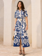 Floral Print Collar Button Front Belted Pocket Midi Shirt Dress