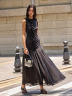 Black Ruffled Detail Ruched-front Maxi Dress