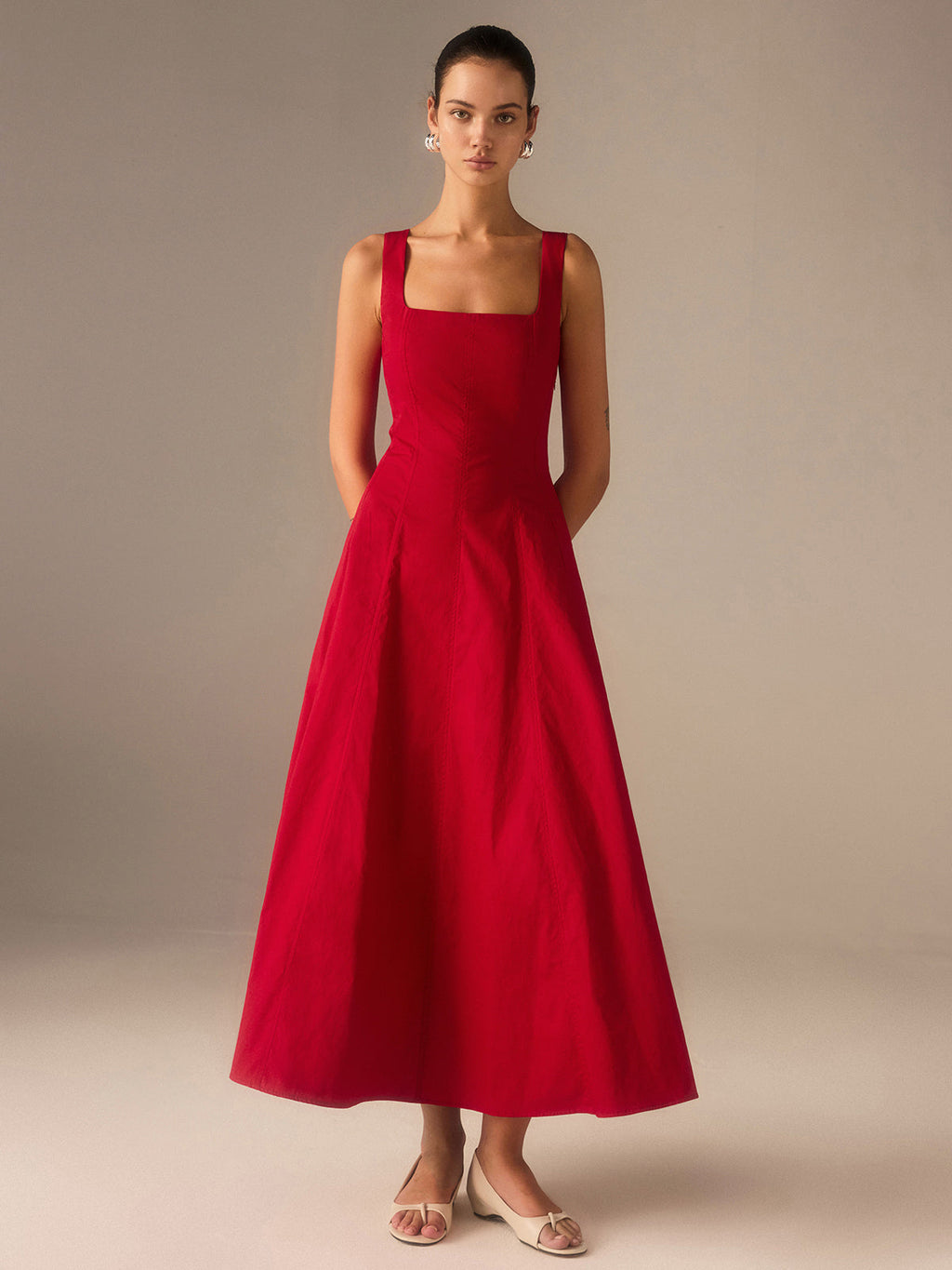 Square Neck Princess Seam Tank Strap A-Line Flared Midi Dress