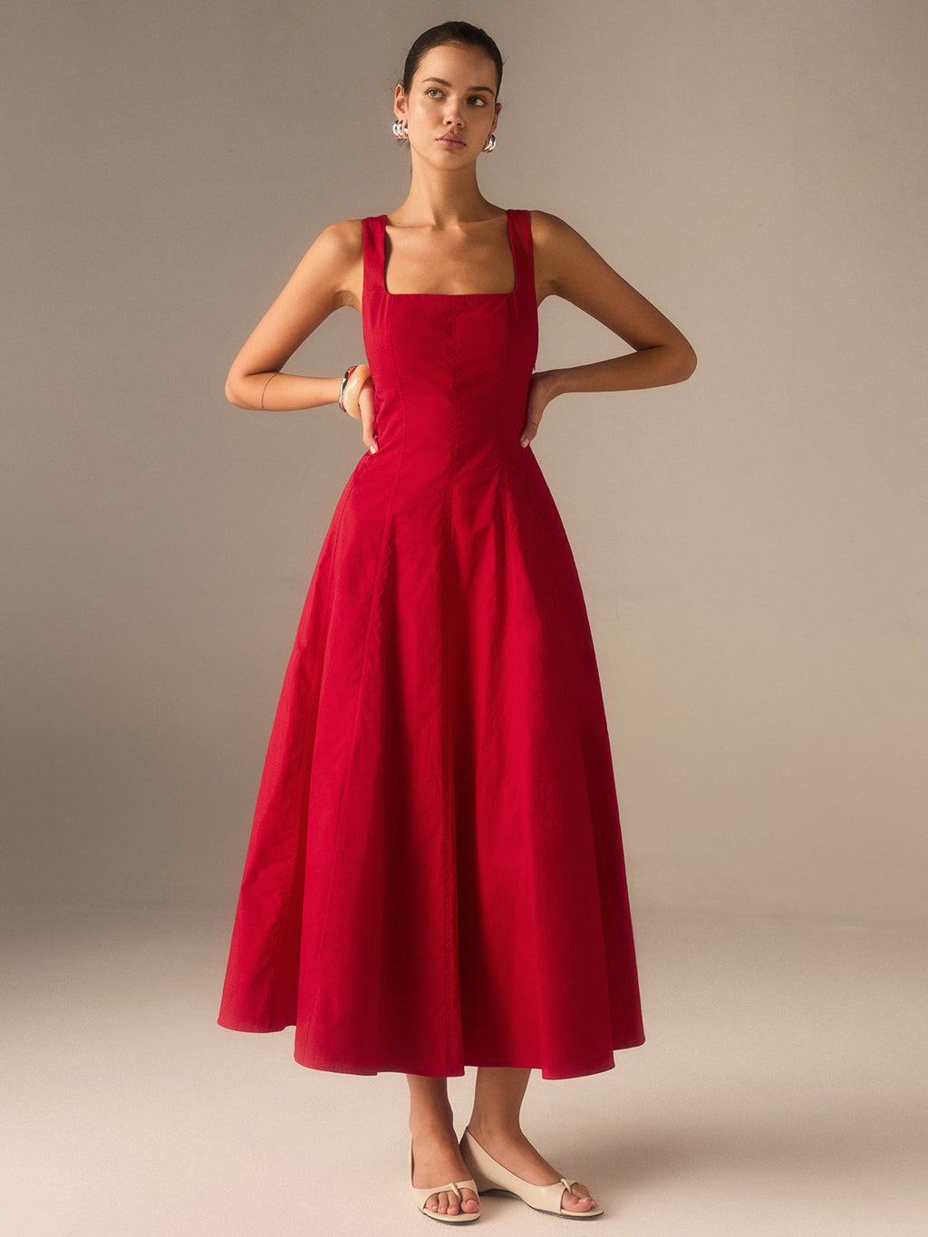 Square Neck Princess Seam Tank Strap A-Line Flared Midi Dress