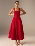 Square Neck Princess Seam Tank Strap A-Line Flared Midi Dress