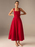 Square Neck Princess Seam Tank Strap A-Line Flared Midi Dress