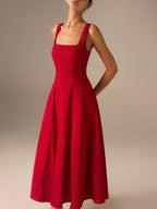 Square Neck Princess Seam Tank Strap A-Line Flared Midi Dress