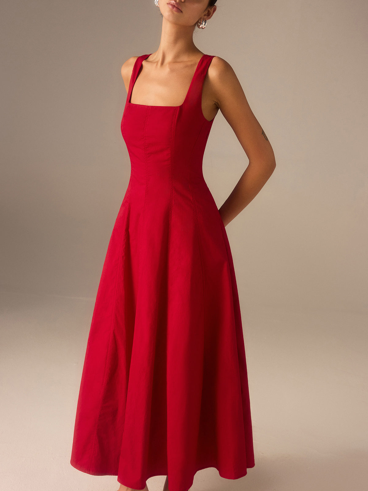Square Neck Princess Seam Tank Strap A-Line Flared Midi Dress