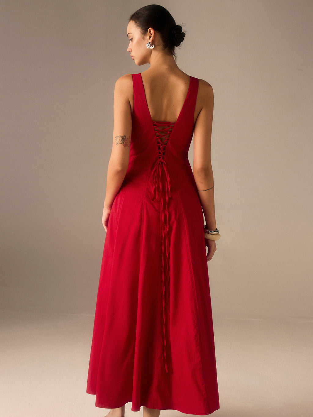Square Neck Princess Seam Tank Strap A-Line Flared Midi Dress