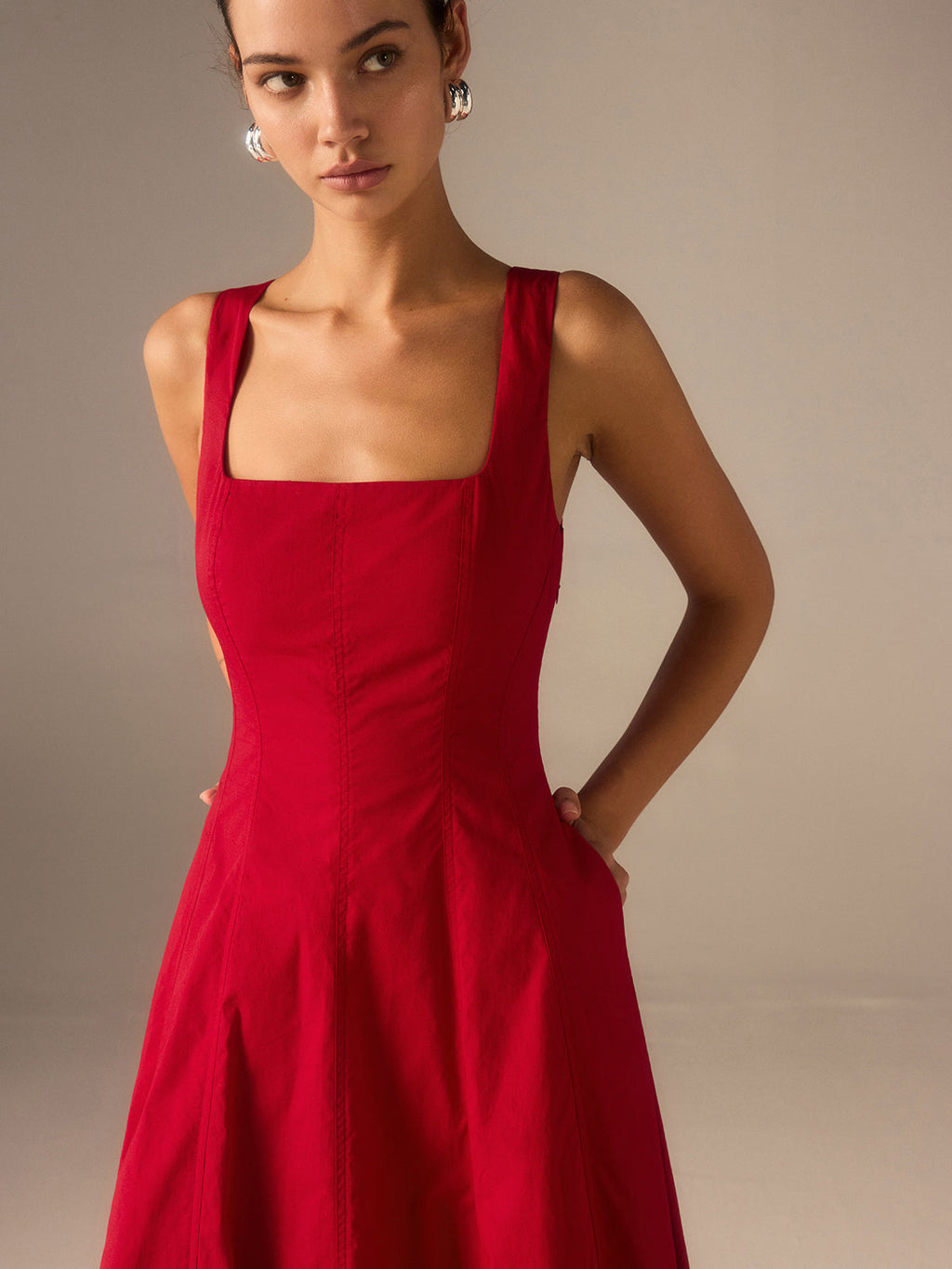 Square Neck Princess Seam Tank Strap A-Line Flared Midi Dress