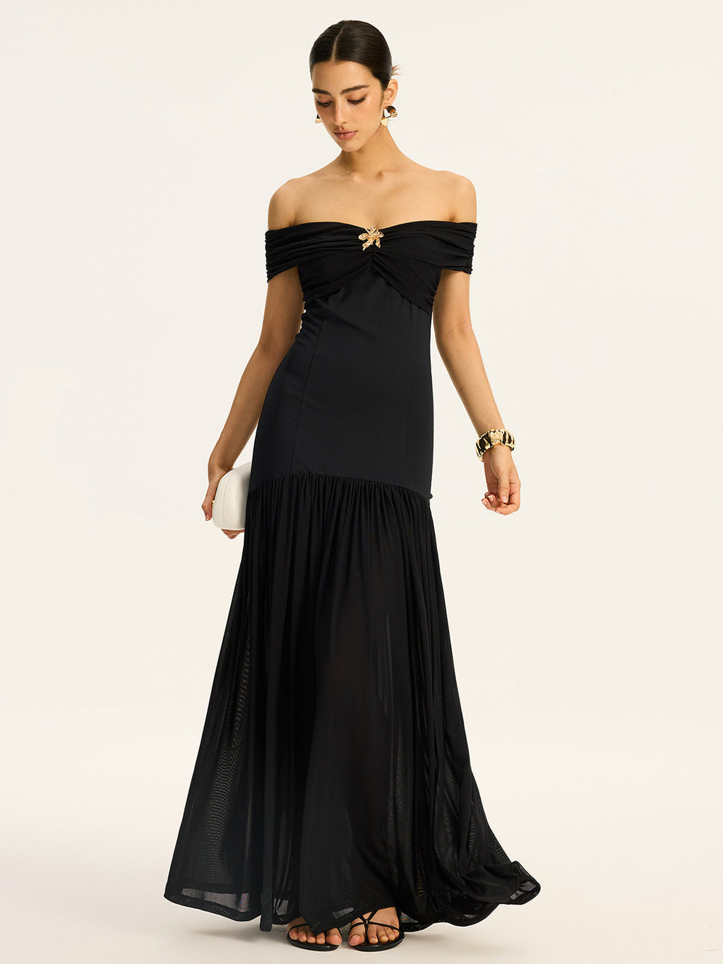 Black Semi-sheer Off Shoulder Ruched Mesh-paneled Maxi Dress