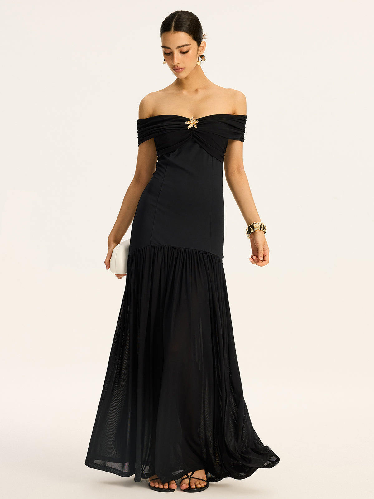 Black Semi-sheer Off Shoulder Ruched Mesh-paneled Maxi Dress