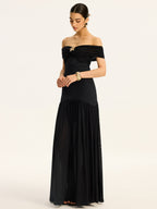 Black Semi-sheer Off Shoulder Ruched Mesh-paneled Maxi Dress
