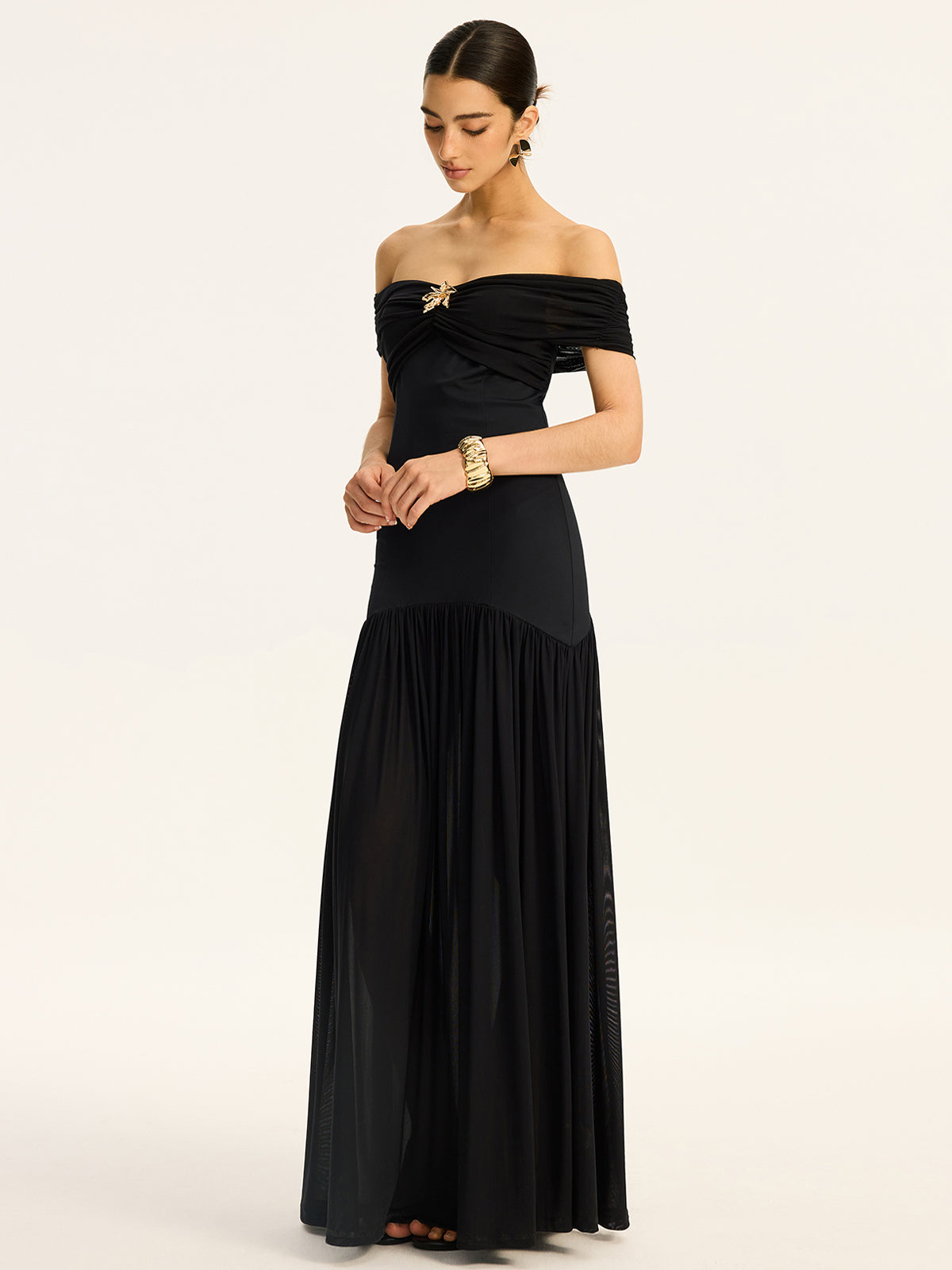 Black Semi-sheer Off Shoulder Ruched Mesh-paneled Maxi Dress