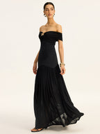 Black Semi-sheer Off Shoulder Ruched Mesh-paneled Maxi Dress
