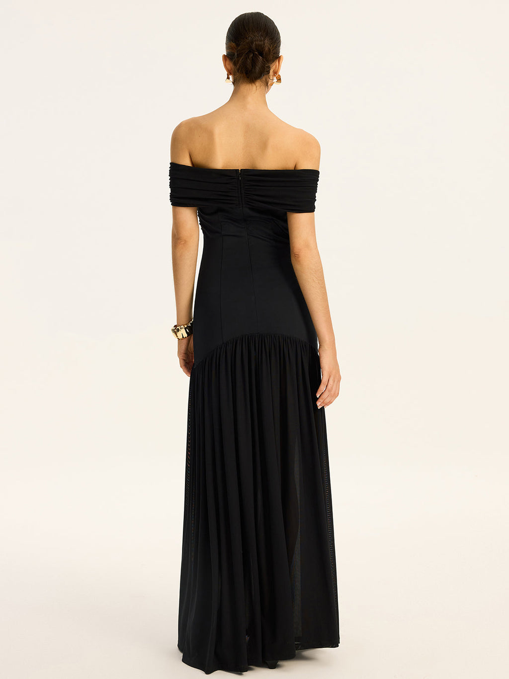 Black Semi-sheer Off Shoulder Ruched Mesh-paneled Maxi Dress