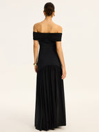 Black Semi-sheer Off Shoulder Ruched Mesh-paneled Maxi Dress