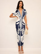 Palm Leaf Print Deep V Neck Flutter Sleeve Ruched Front Maxi Dress