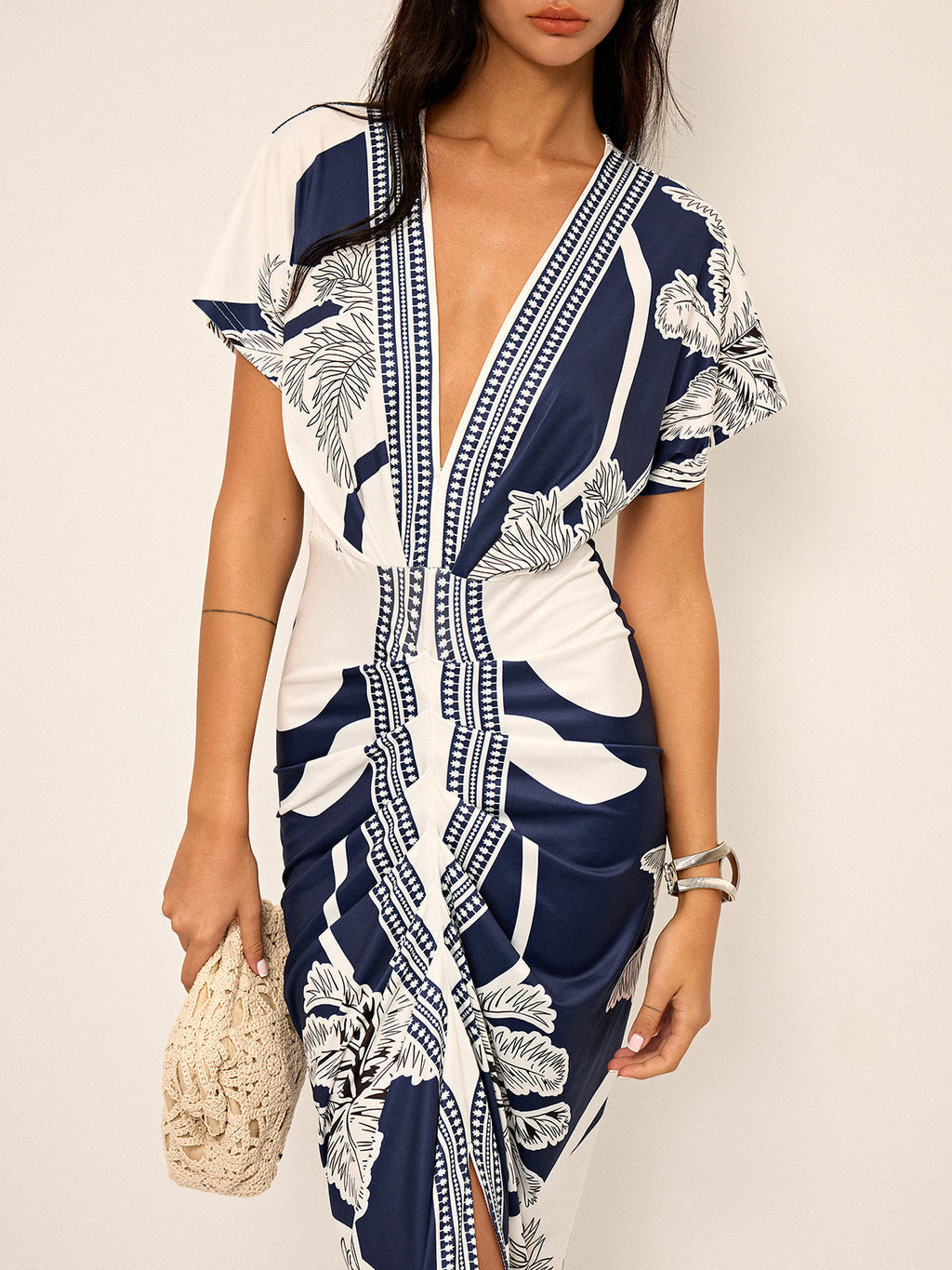 Palm Leaf Print Deep V Neck Flutter Sleeve Ruched Front Maxi Dress