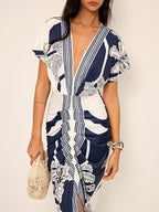Palm Leaf Print Deep V Neck Flutter Sleeve Ruched Front Maxi Dress
