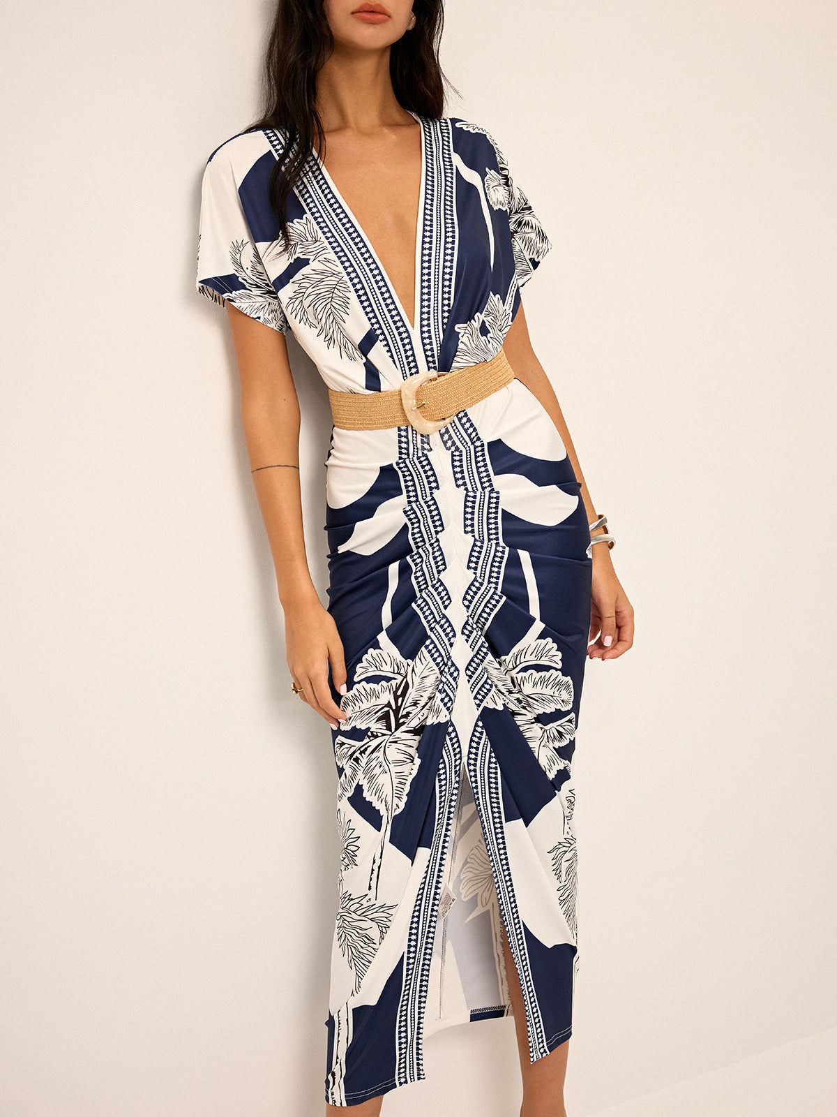 Palm Leaf Print Deep V Neck Flutter Sleeve Ruched Front Maxi Dress