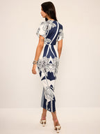 Palm Leaf Print Deep V Neck Flutter Sleeve Ruched Front Maxi Dress