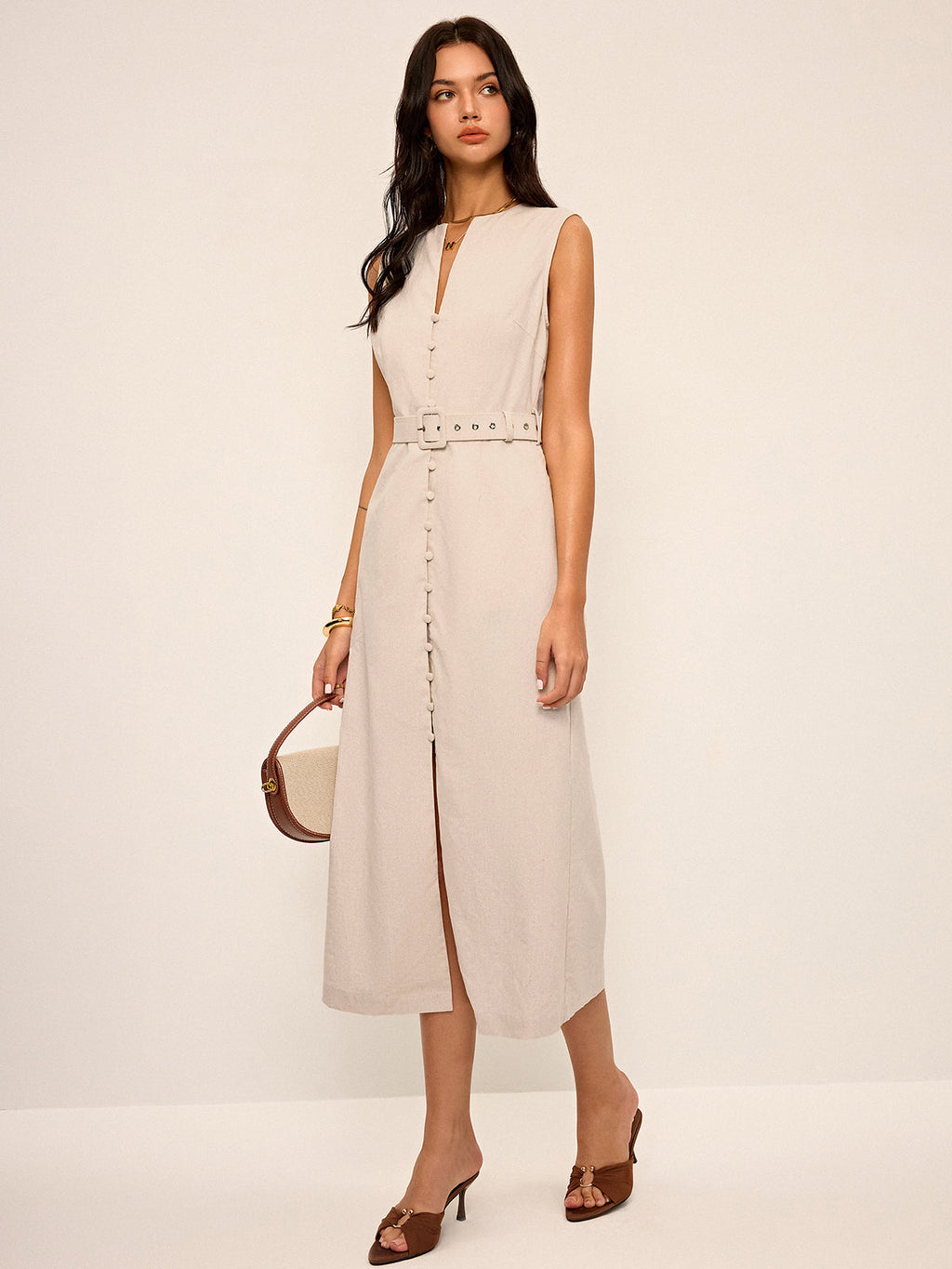 Linen Blend Sleeveless V-Neck Button Front Belted Midi Dress