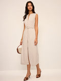 Linen Blend Sleeveless V-Neck Button Front Belted Midi Dress