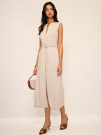 Linen Blend Sleeveless V-Neck Button Front Belted Midi Dress