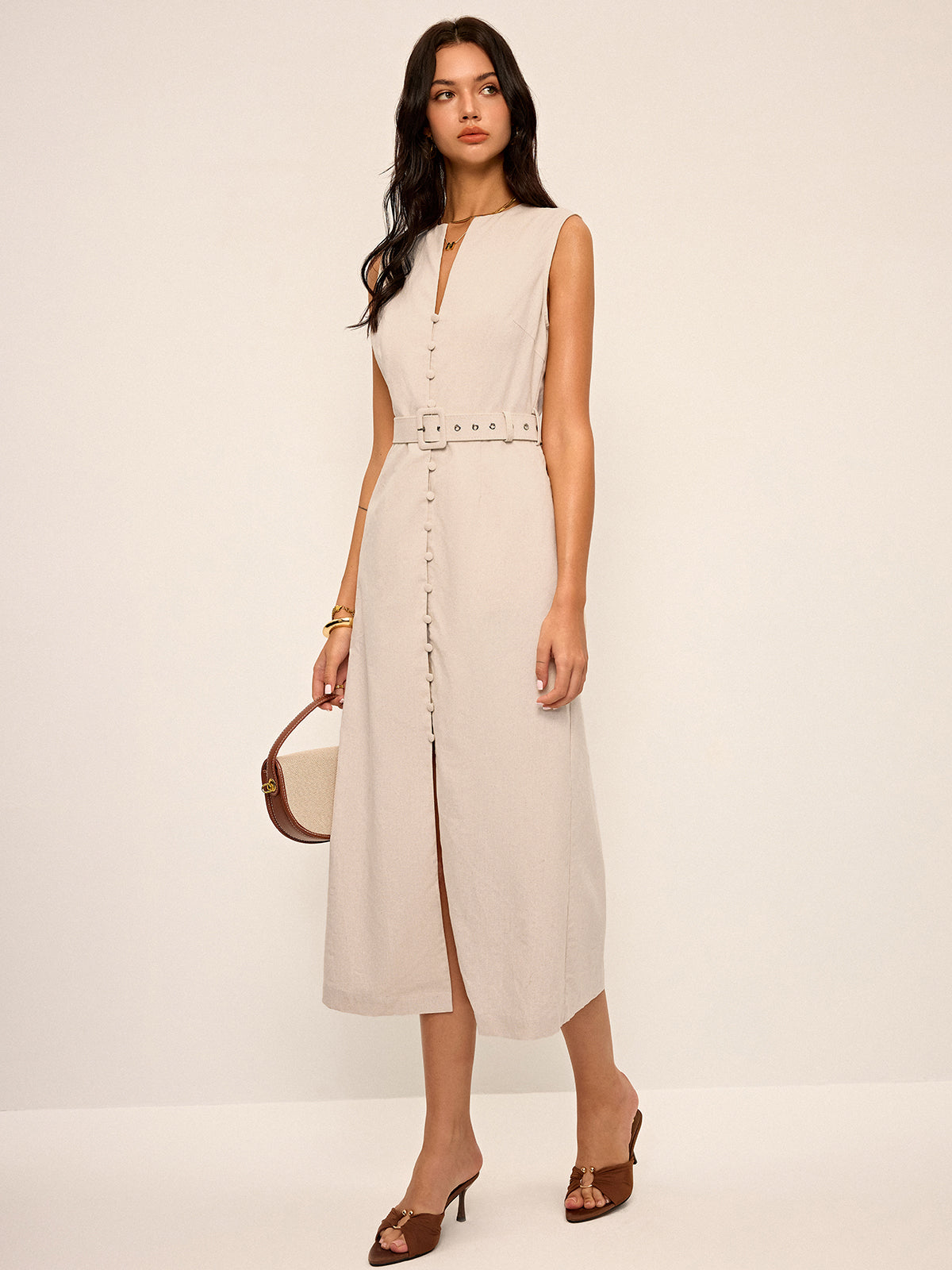 Linen Blend Sleeveless V-Neck Button Front Belted Midi Dress