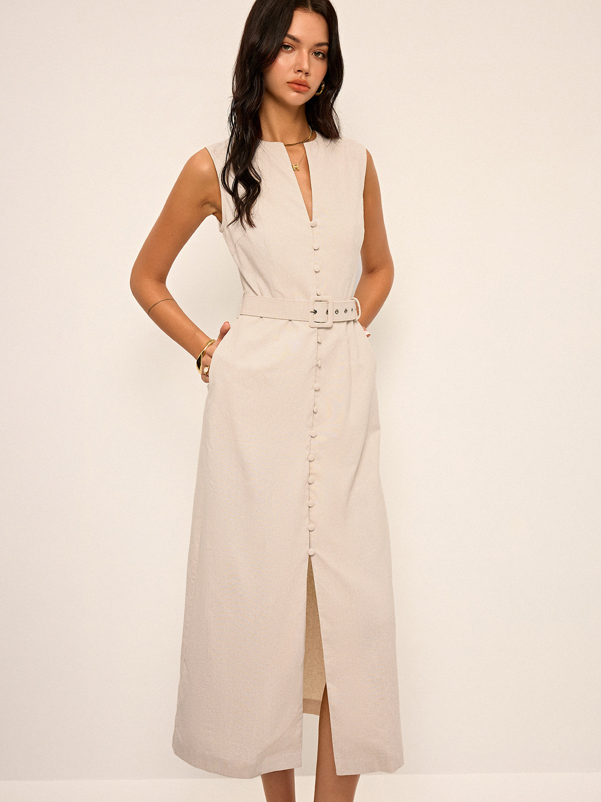 Linen Blend Sleeveless V-Neck Button Front Belted Midi Dress